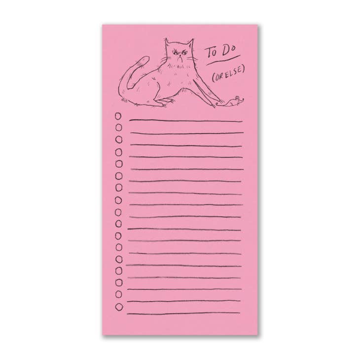 Pink notepad featuring cat and text that says "to do or else"