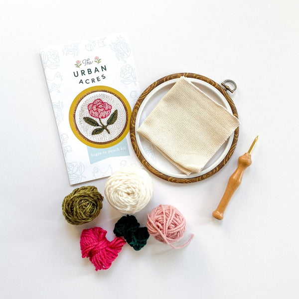 punch needle kit with supplies for pink peony flower