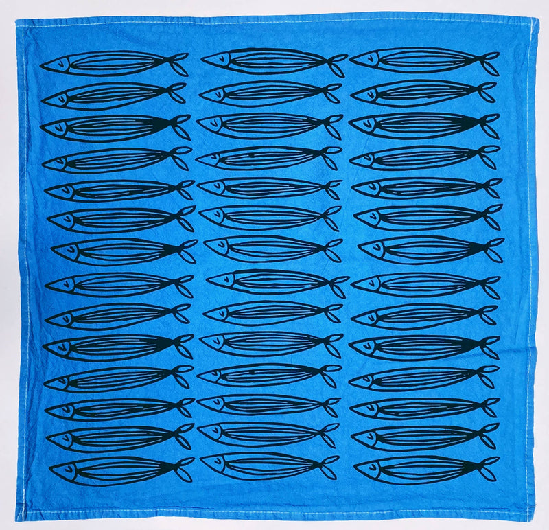 Blue Sardines 20" Tea Towel - Silkscreened 100% Cotton