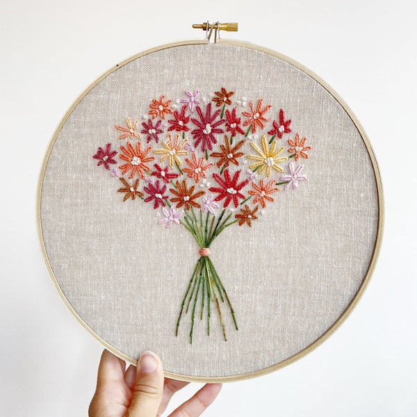 9 inch embroidery of orange and red flower bouquet