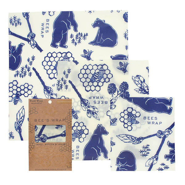 Beeswax Wrap Set of 3 in Bees and Bears Pattern