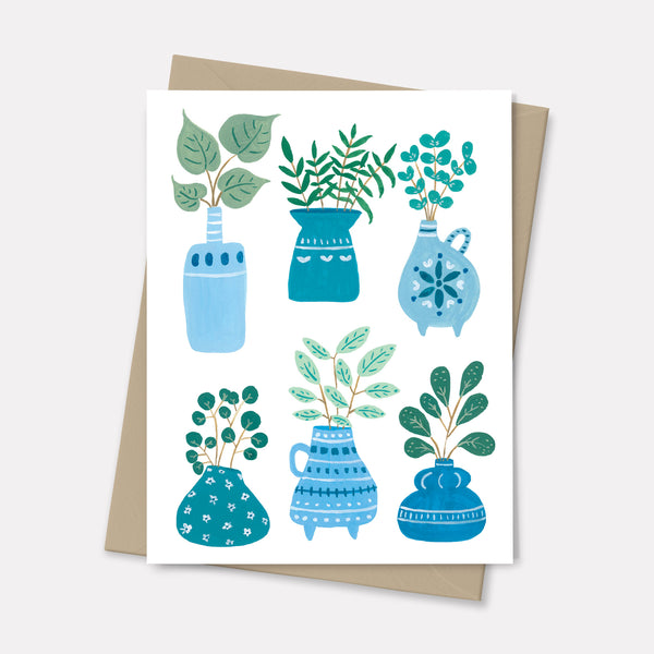 gretting card with plants in blue pots