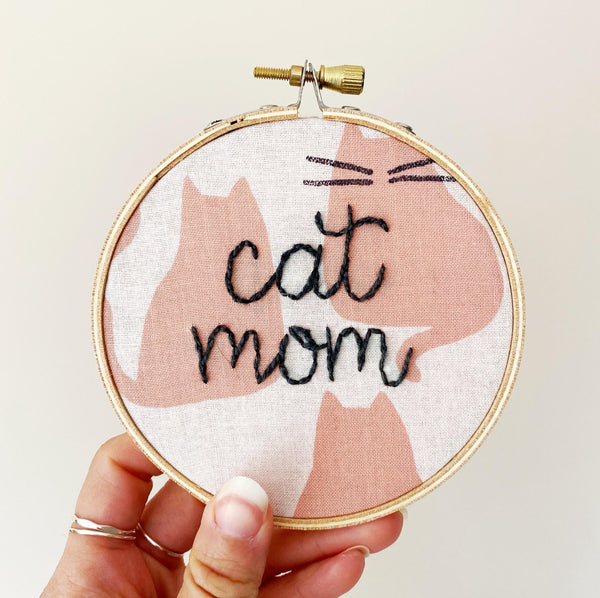 Cat Mom Hand-Stitched Hoop Art