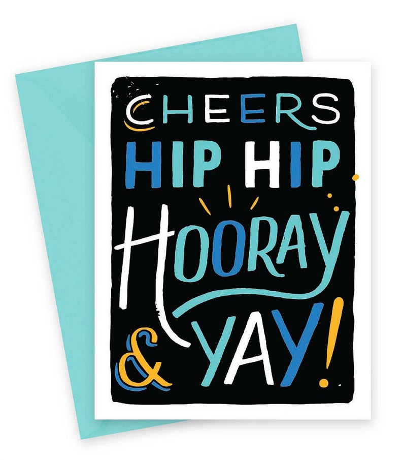 Hip Hip Horray Card text in green, blue & yellow