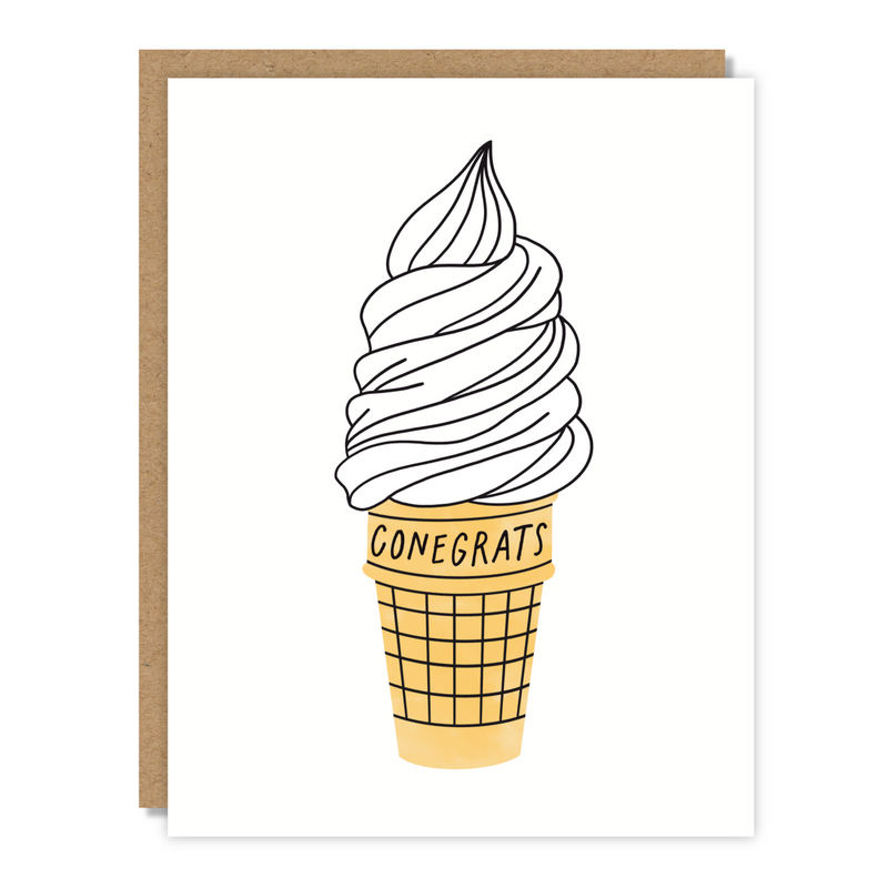 Greeting card with ice cream cone and text that reads "Conegrats"