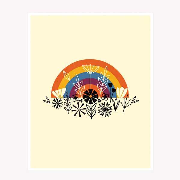 Floral Rainbow Art Print - yellow background & black graphic flowers