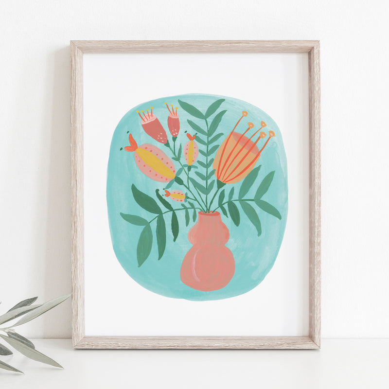 art print featuring folk style flowers in a peach colored vase