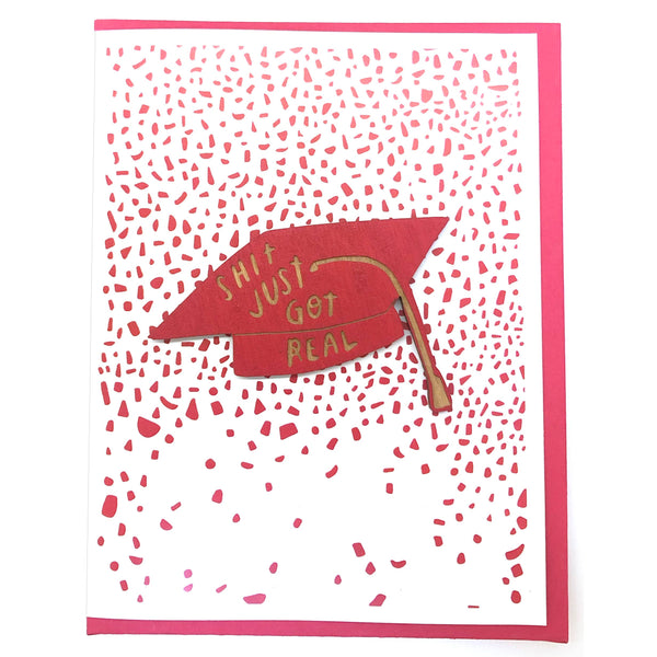Graduation Cap Magnet and Card - white with red cap with text Shit Just Got Real