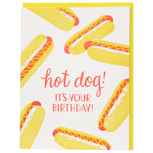 birthday card featuring hot dogs and text that reads "hot dog! it's your birthday!" 