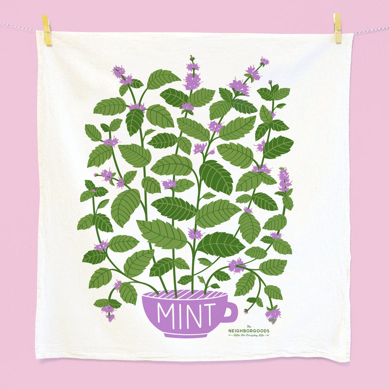 Tea towel with potted mint plant design
