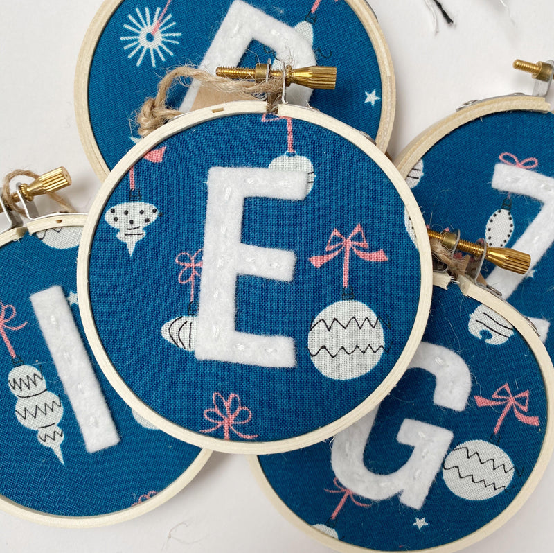 Initial Christmas Ornament - Retro Ornaments in Blue fabric with while letter