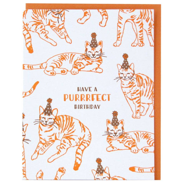 Birthday card featuring cats in party hats and text that reads "have a purrrfect birthday"