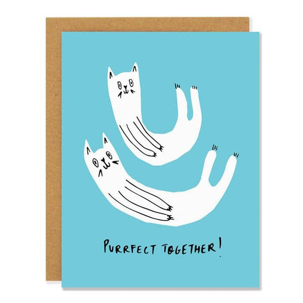 card with two happy cats and text that reads "purrfect together"