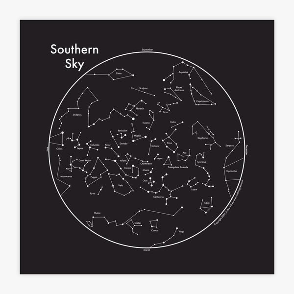 Southern sky letterpress map print