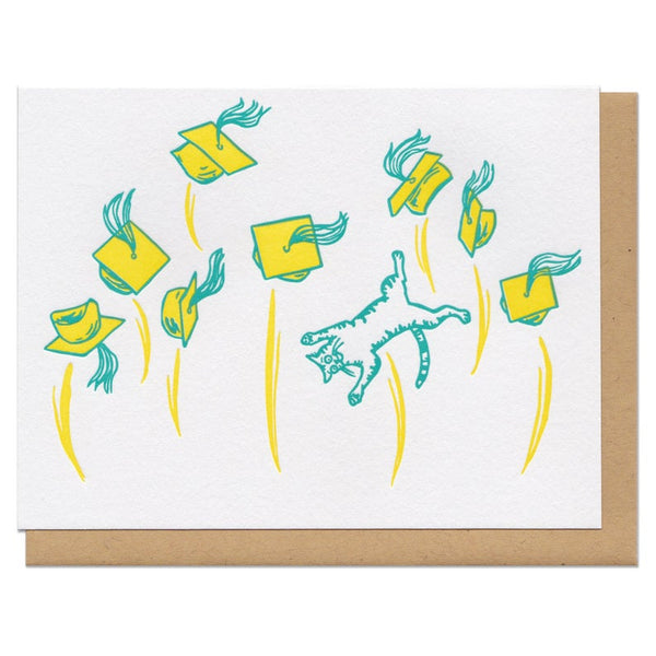 Graduation Cat Card White with green and yellow